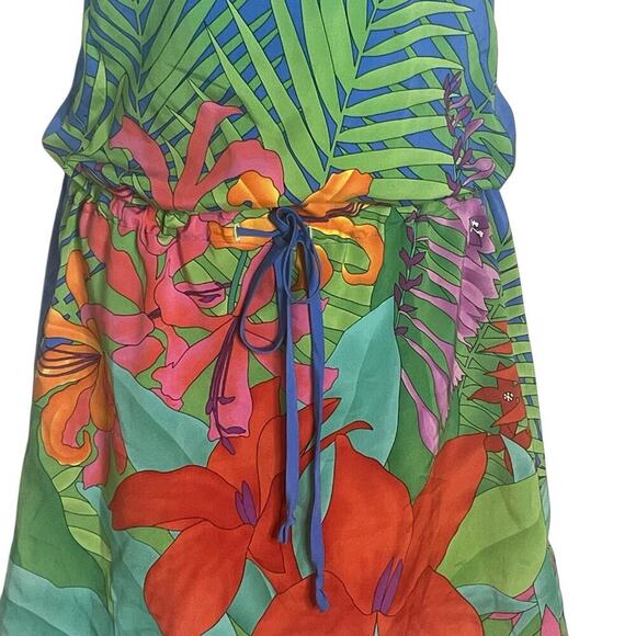 NWT Christopher Deane Tunic Silk Dress XS Tropical Floral Drawstring Blue $255 - Picture 3 of 11